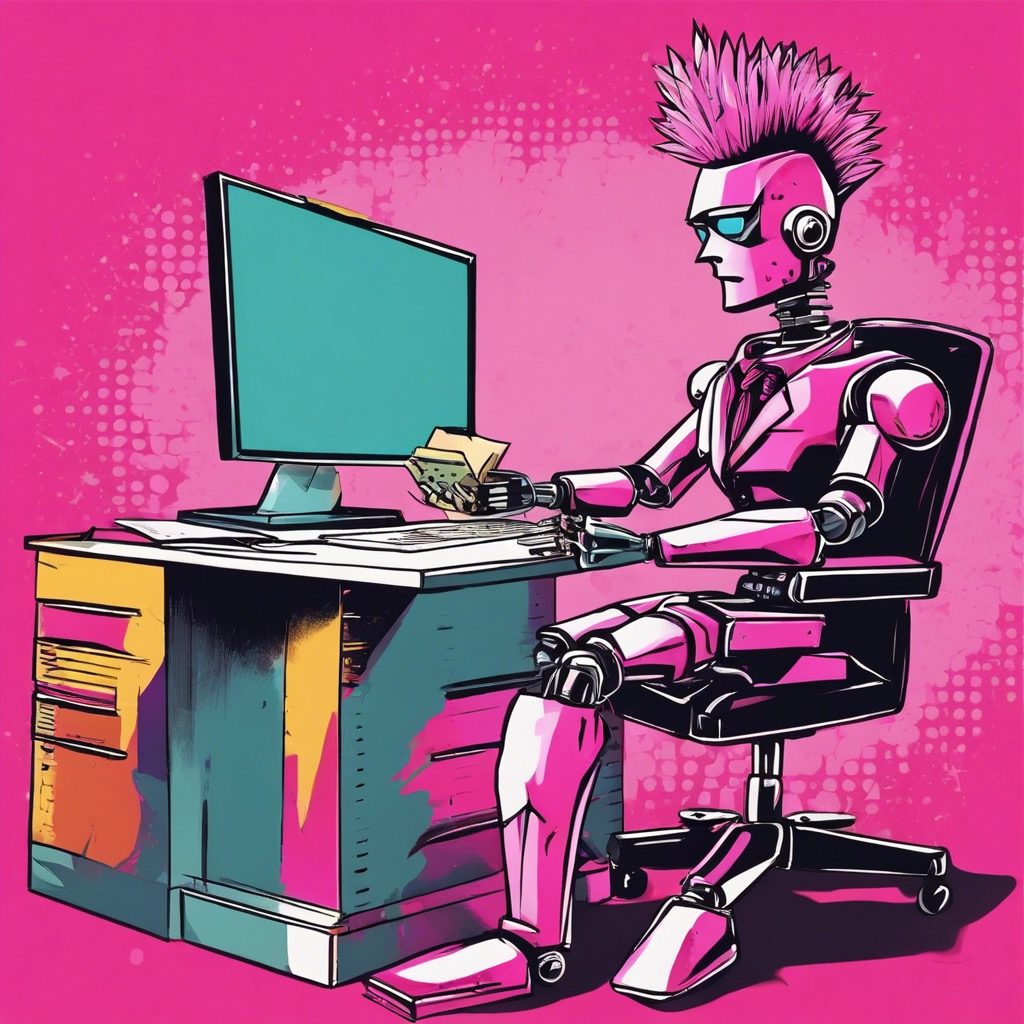 A robot typing at a computer