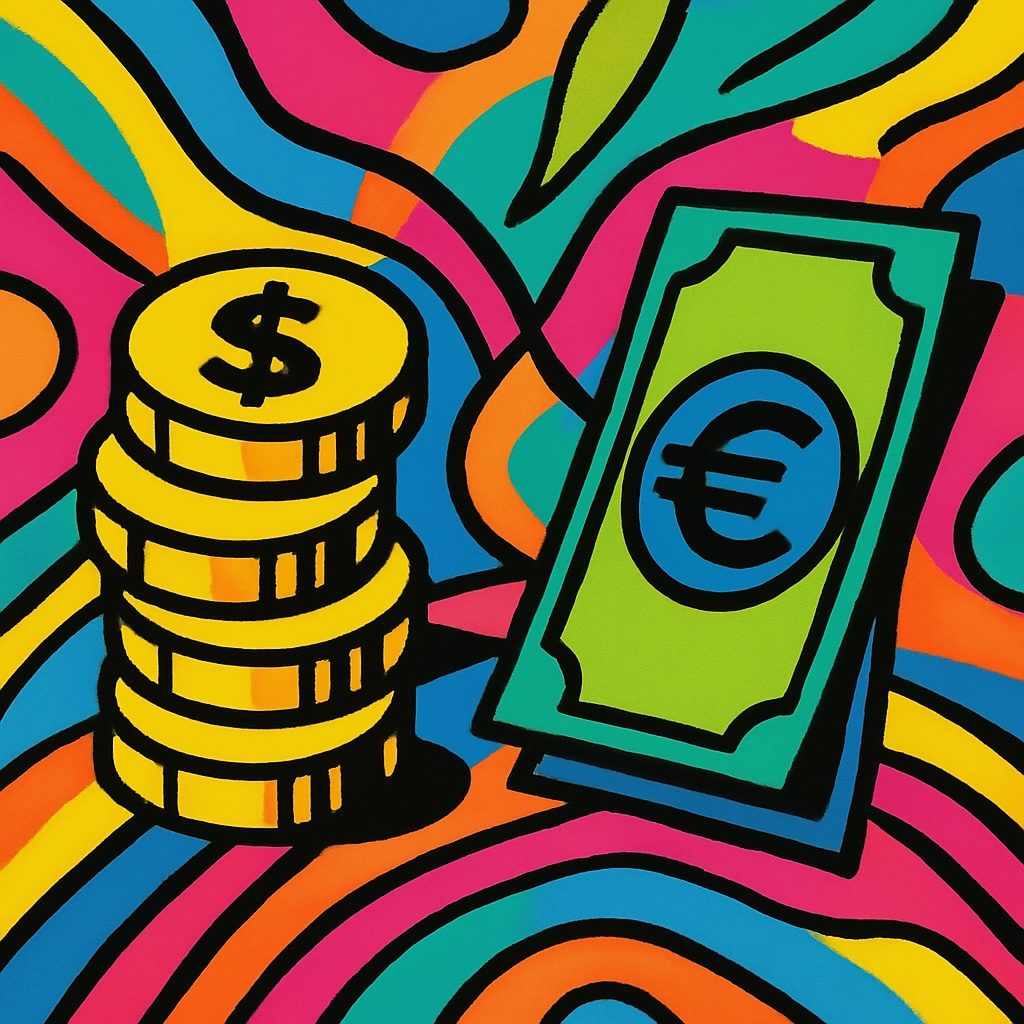 A stack of coins and a banknote