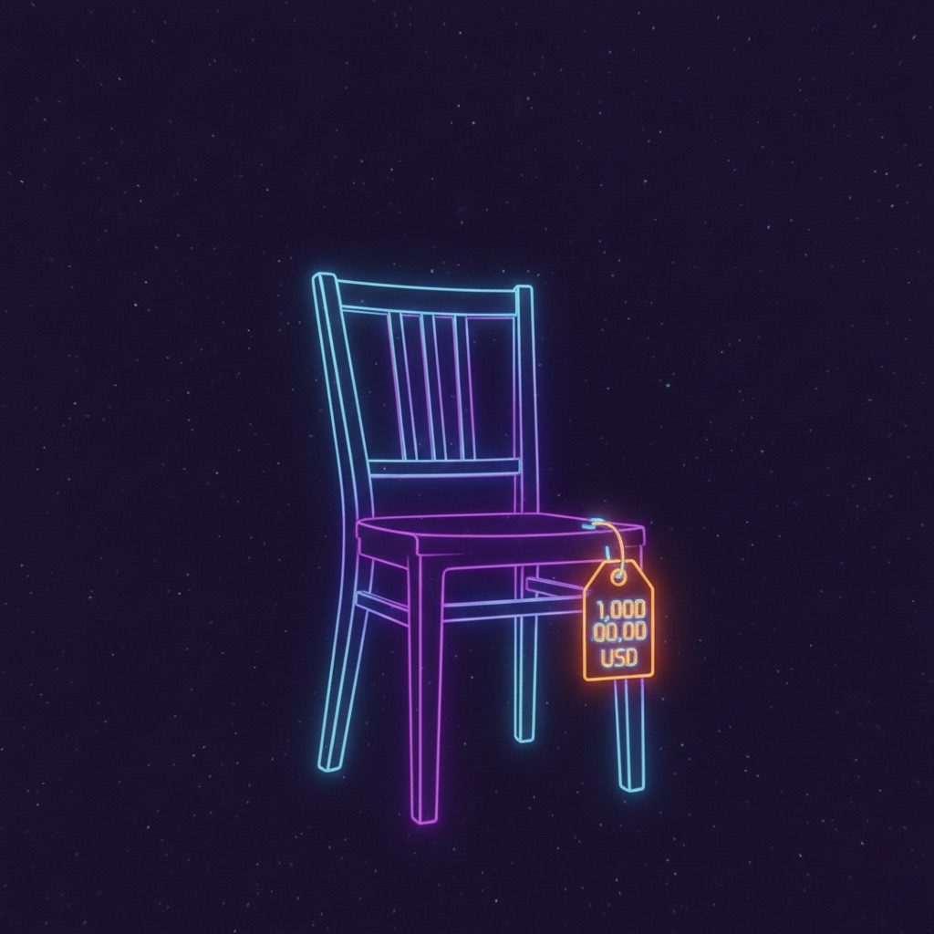 A neon outline of a chair with a tag